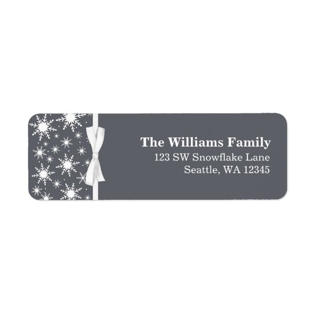 White and Gray Snowflakes Ribbon Christmas Address Label (Front)
