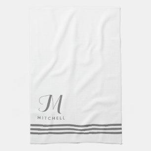 White and Gray Sophisticated Stripes and Monogram Kitchen Towel