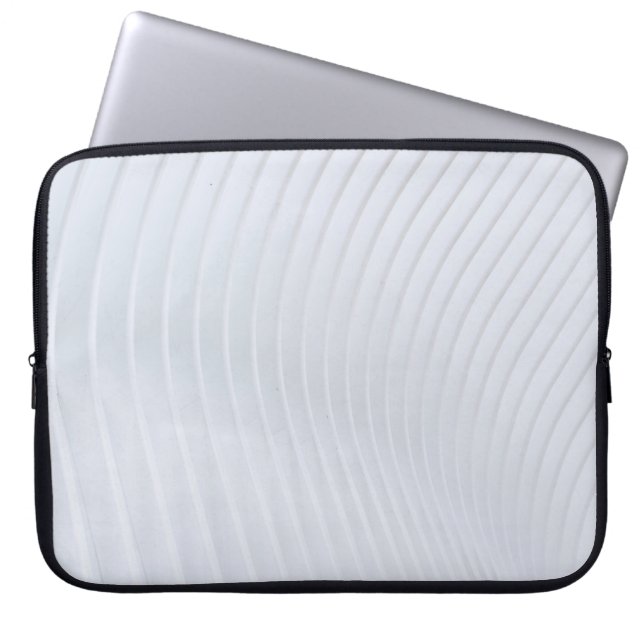White and gray striped textile laptop sleeve (Front)
