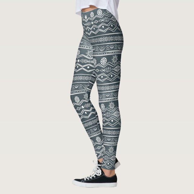 White and Gray Tribal Doodling Design Leggings (Left)