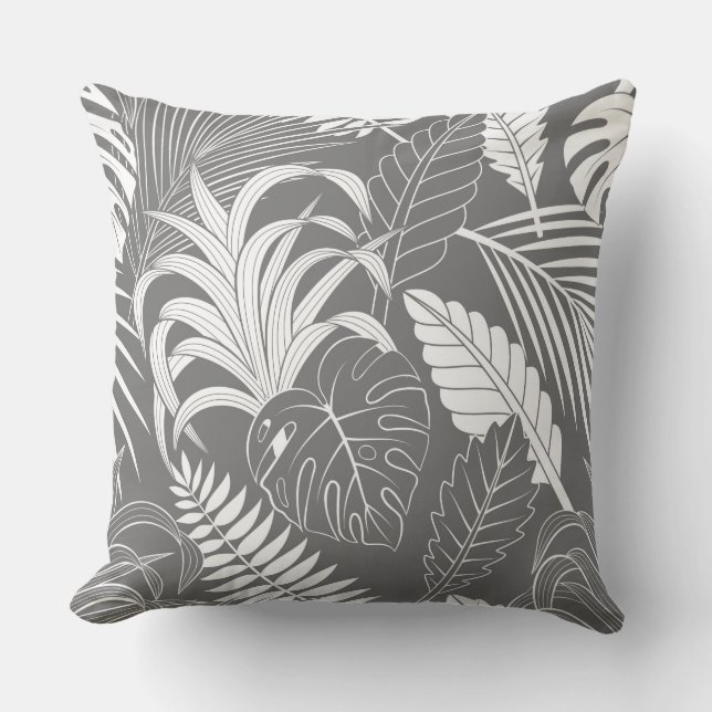 White and gray tropical leaves throw pillow (Front)