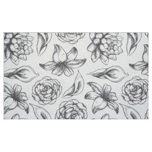 White And Gray Vintage Flowers Drawing Fabric