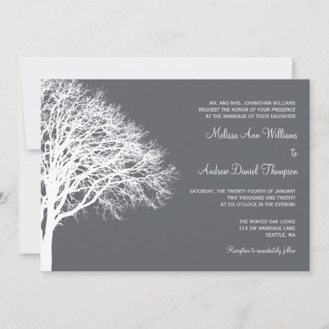 White and Gray Winter Oak Wedding Invitation (Front)