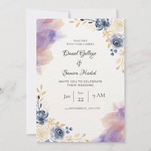 White and Grayish blue watercolore floral wedding  Invitation