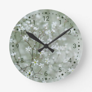 White And Green Baby's Breath Flower Photography Round Clock