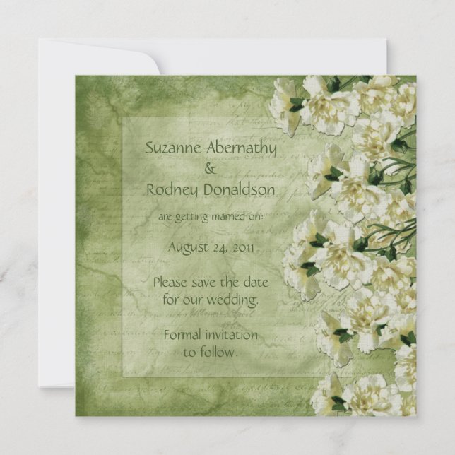 White and Green Carnations Save The Date (Front)