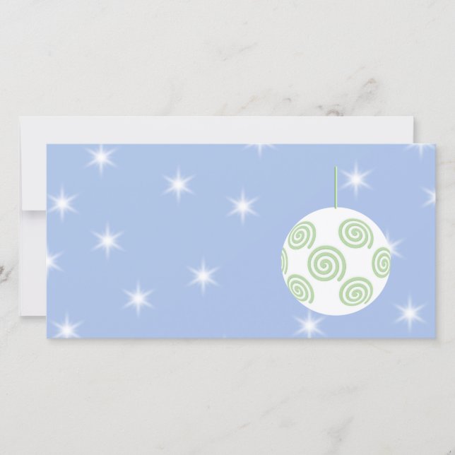 White and Green Christmas Bauble. On Starry Blue. Holiday Card (Front)