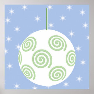 White and Green Christmas Bauble. On Starry Blue. Poster