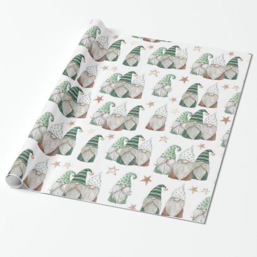 White and Green Christmas Gnome Trio Wrapping Paper