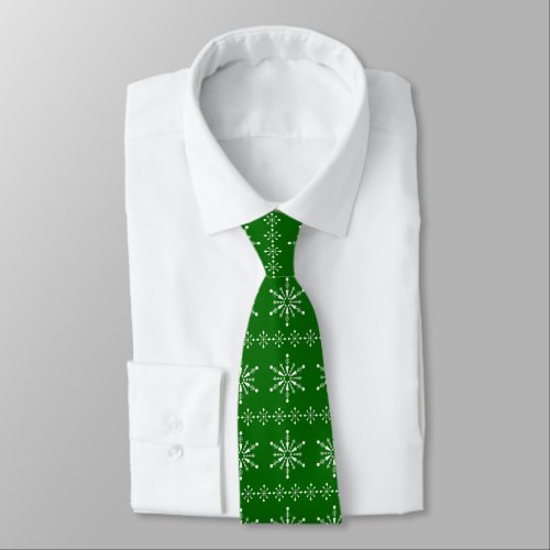 White and green Christmas snowflakes pattern Neck Tie