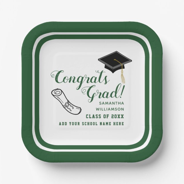 White and Green Class of 2025 Congrats Grad Paper Plates (Front)