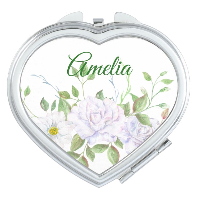 White and green floral compact mirror (Front)