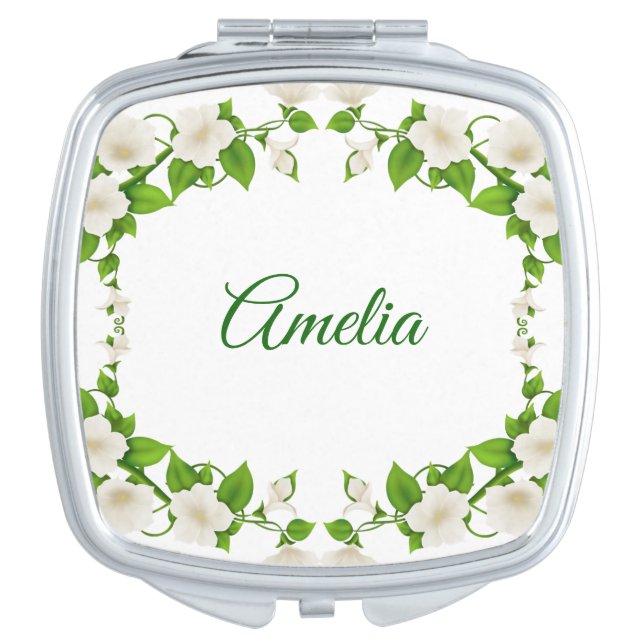 White and green floral compact mirror (Front)
