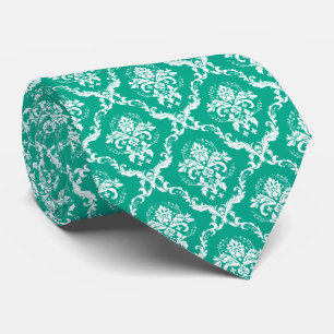 White and Green Floral Damask Pattern Neck Tie
