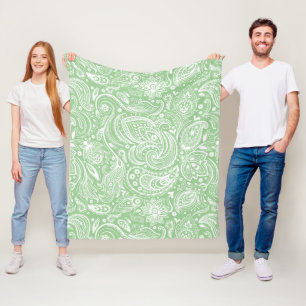 White And Green Floral Paisley Pattern Fleece Blanket