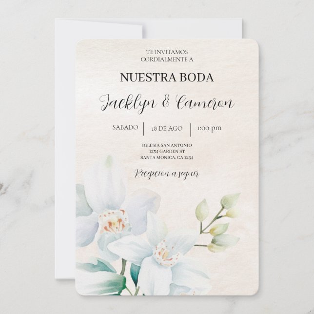 White and green  Floral Spanish Wedding beige Invitation (Front)