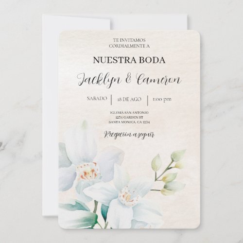 White and green  Floral Spanish Wedding beige Invitation