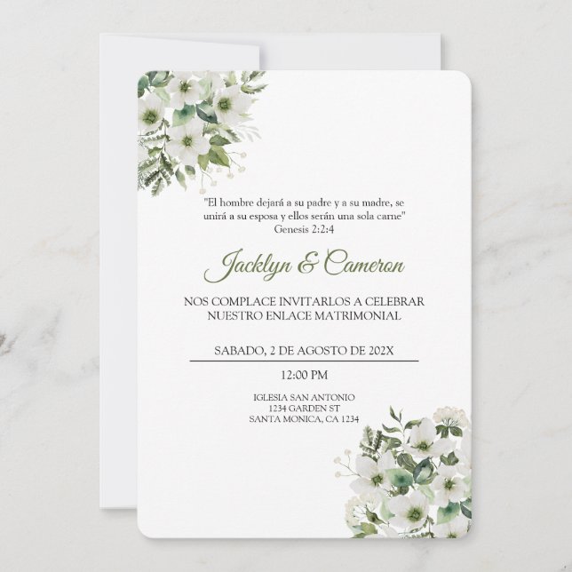 White and green Floral Spanish Wedding Invitation (Front)