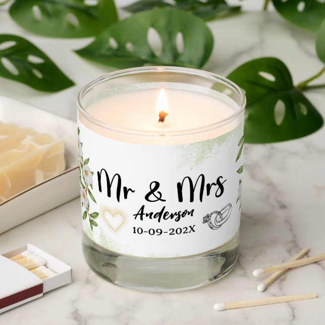 White and Green Floral Watercolor Modern Scented Candle (Lit)