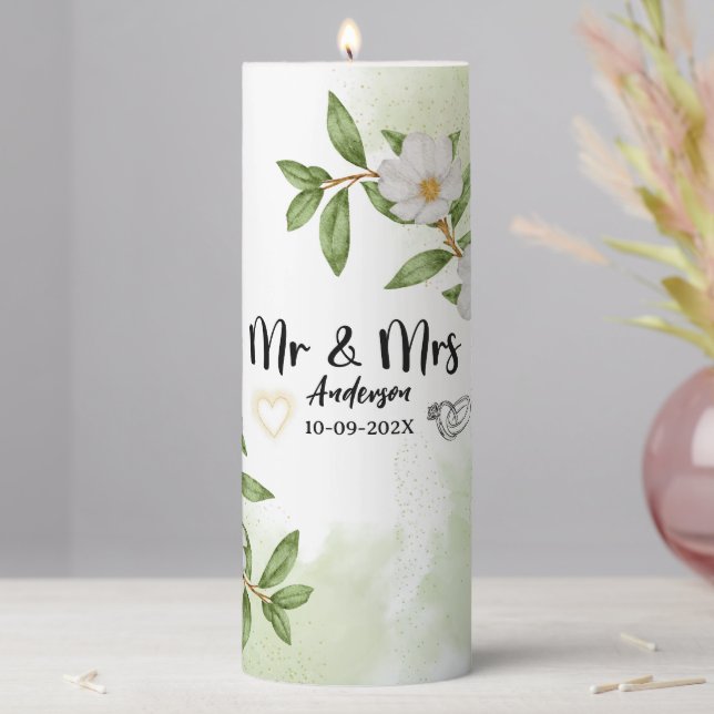 White and Green Floral Watercolor  Pillar Candle (In Situ)