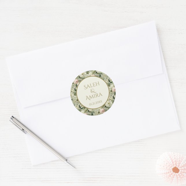White and Green Floral Wedding Classic Round Sticker (Envelope)