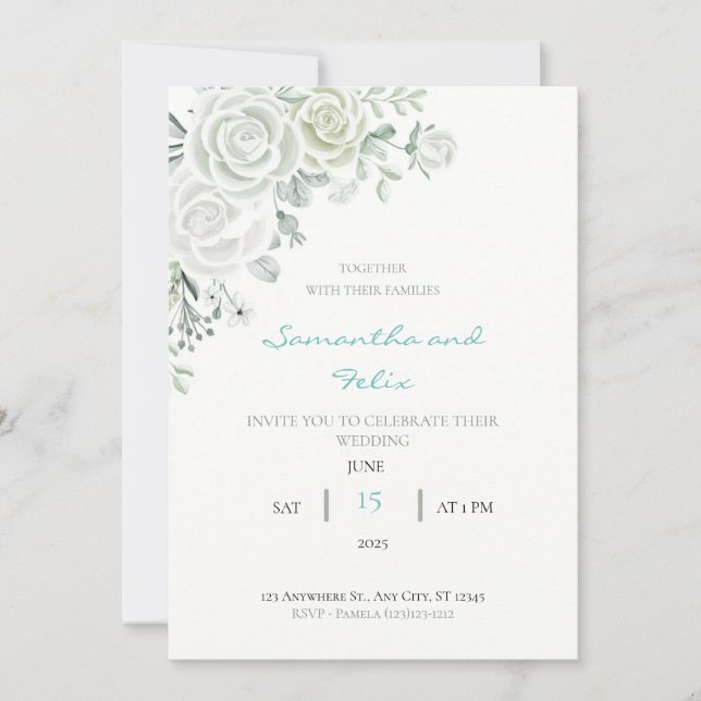 White and Green Floral Wedding Invitation (Front)