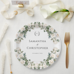 White and Green Floral Wedding  Paper Plates