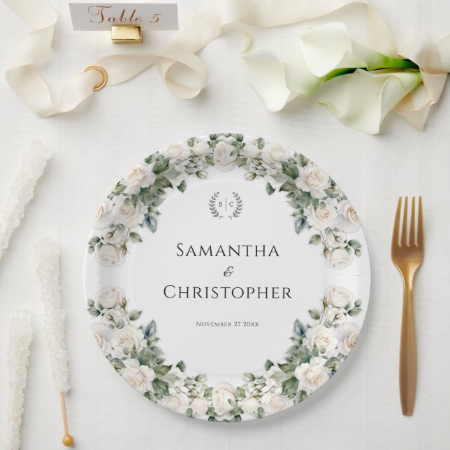 White and Green Floral Wedding  Paper Plates (Wedding)