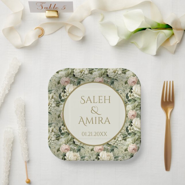White and Green Floral Wedding Sugar Cookies Paper Plates (Wedding)