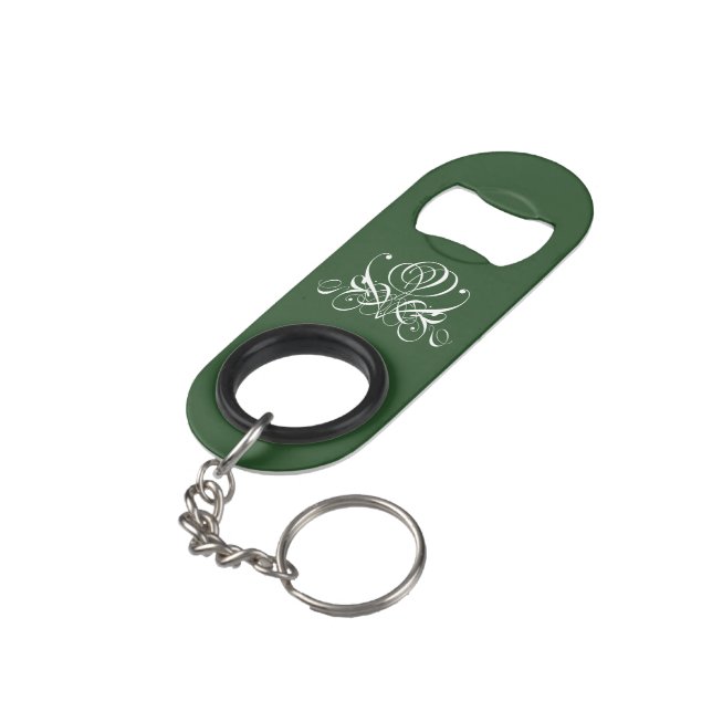 White and Green Flourish Rose Keychain Bottle Opener (Back Angled)