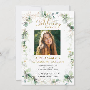 White and Green Foliage Photo Memorial Service Invitation