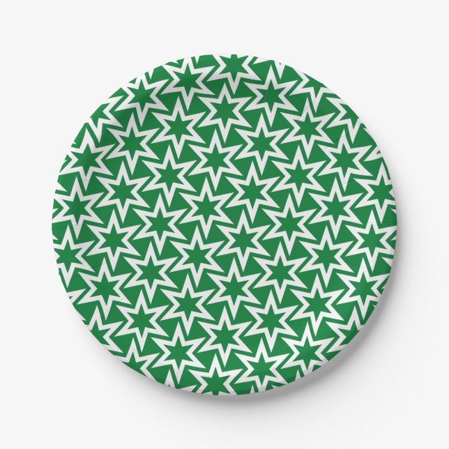 White and Green Geometric Star Pattern Paper Plates (Front)