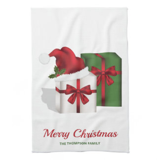 White And Green Gift Boxes With A Santa Hat Kitchen Towel