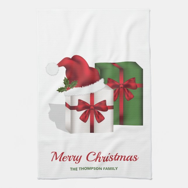 White And Green Gift Boxes With A Santa Hat Kitchen Towel (Vertical)