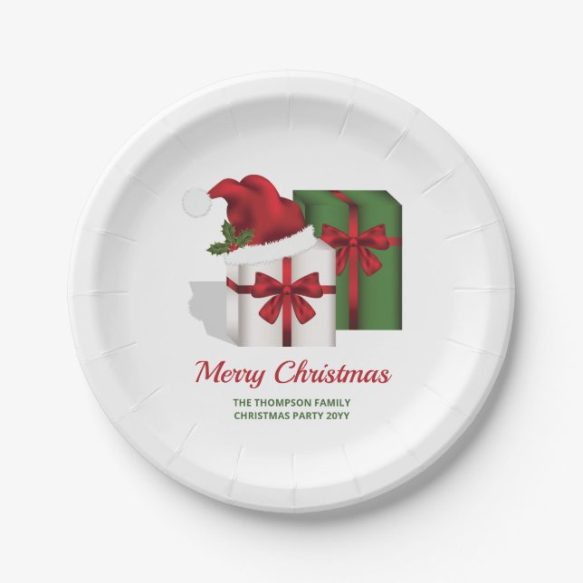 White And Green Gift Boxes With A Santa Hat Paper Plates (Front)