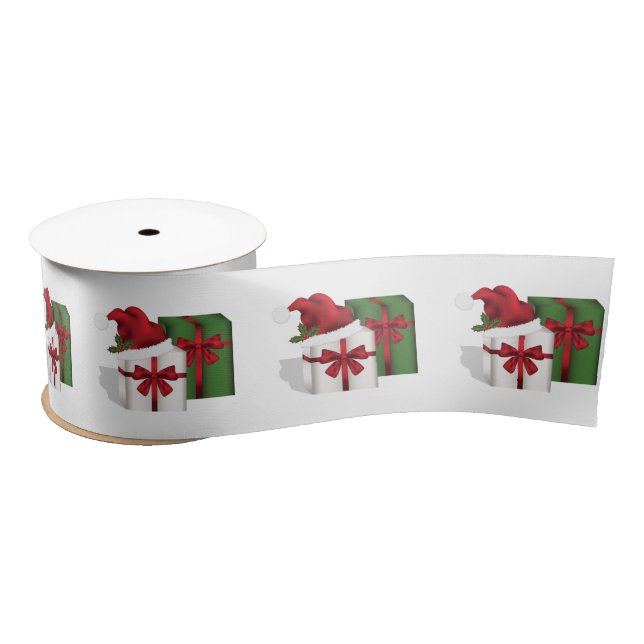White And Green Gift Boxes With A Santa Hat Satin Ribbon (Spool)