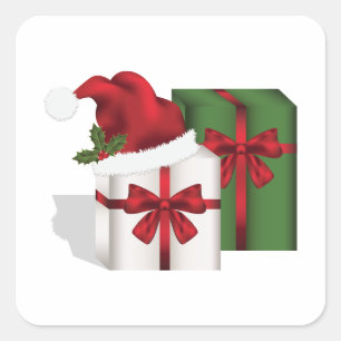 White And Green Gift Boxes With A Santa Hat Square Sticker
