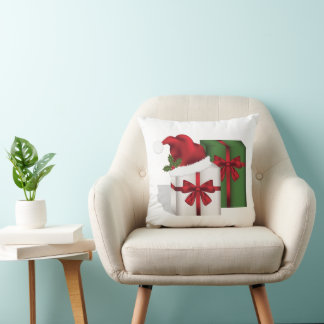 White And Green Gift Boxes With A Santa Hat Throw Pillow