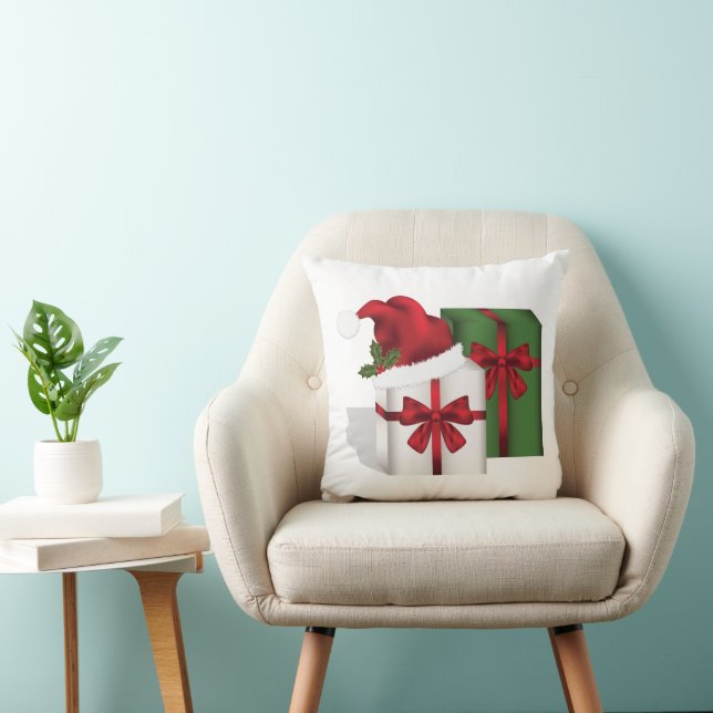 White And Green Gift Boxes With A Santa Hat Throw Pillow (Chair)