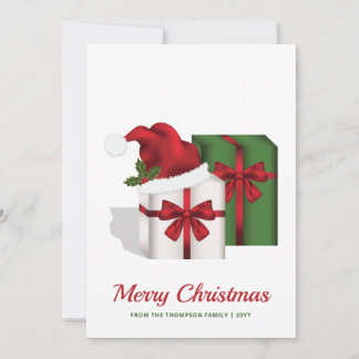 White And Green Gift Boxes With Custom Text Holiday Card