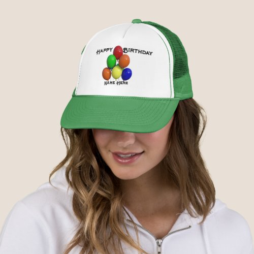 White and Green Happy Birthday Name here texts Trucker Hat