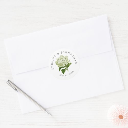White and Green Hydrangea Names and Wedding Date Classic Round Sticker