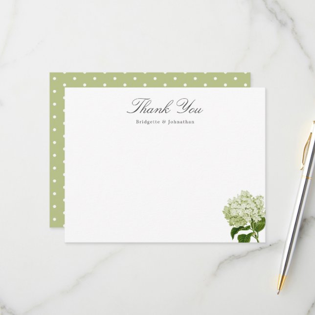 White and Green Hydrangea Thank You Flat Card (Front/Back In Situ)