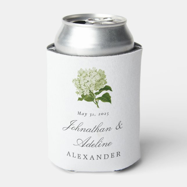 White and Green Hydrangea Wedding Favor Can Cooler (Can Front)