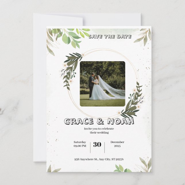 White and Green Illustrative Floral Watercolor Wed Invitation (Front)