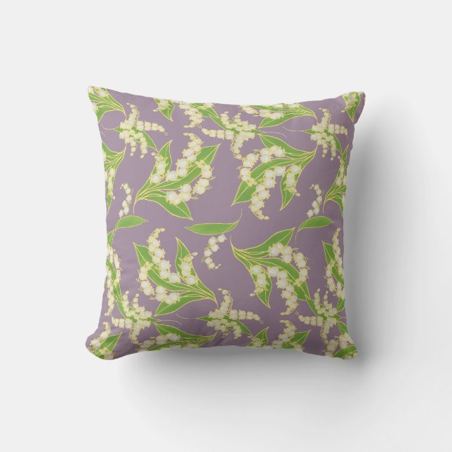 White and Green Lily-of-the-Valley Patter on Mauve Throw Pillow (Front)