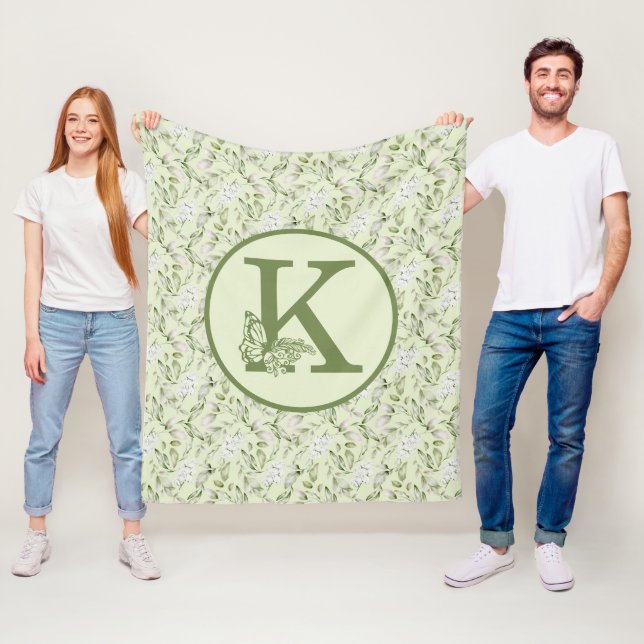 WHITE AND GREEN MONOGRAM K FLEECE BLANKET (In Situ)