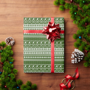 White And Green Nordic Sweater Christmas Pattern  Wrapping Paper