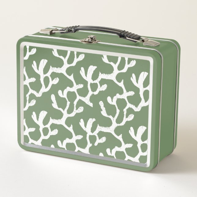 White And Green Organic Coral Reef Pattern Metal Lunch Box (Front)