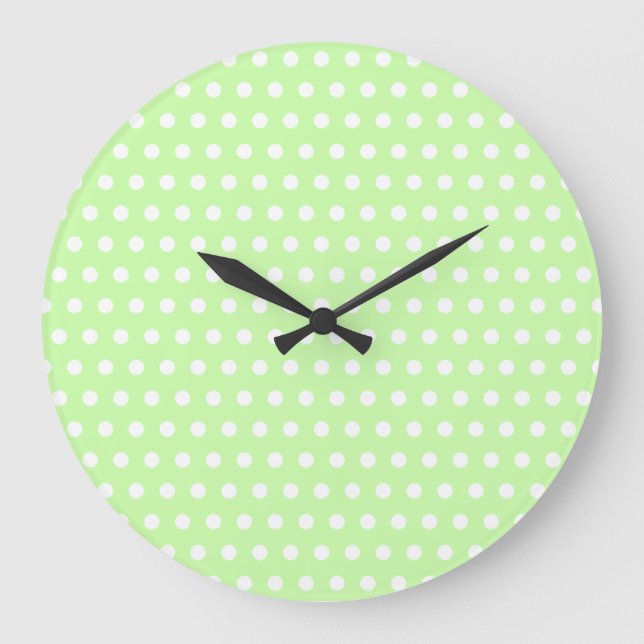 White and Green Polka Dot Pattern. Spotty. Large Clock (Front)